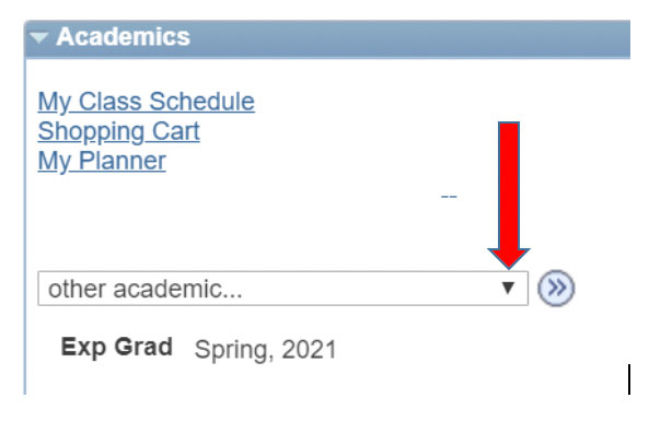 Screenshot of Student Center interface with arrow directing users to click a drop down menu