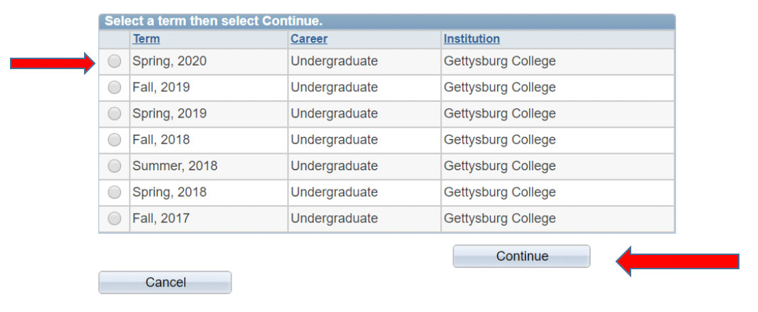 Screenshot of table showing a list of semesters to choose from including Spring 2020