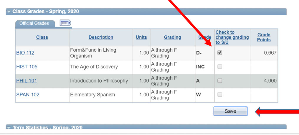 Screenshot of table with box checked next to BIO 112 indicating Satisfactory or Unsatisfactory grading has been selected