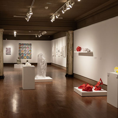 Photo of the Schmucker Art Gallery with capstone projects inside it