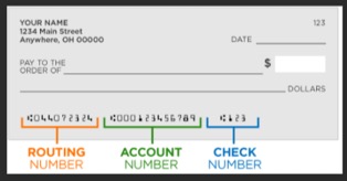 Check with routing, account, and check number identified in brackets