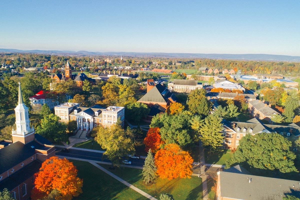 Aerial view looking west over Gettysburg College campus in fall