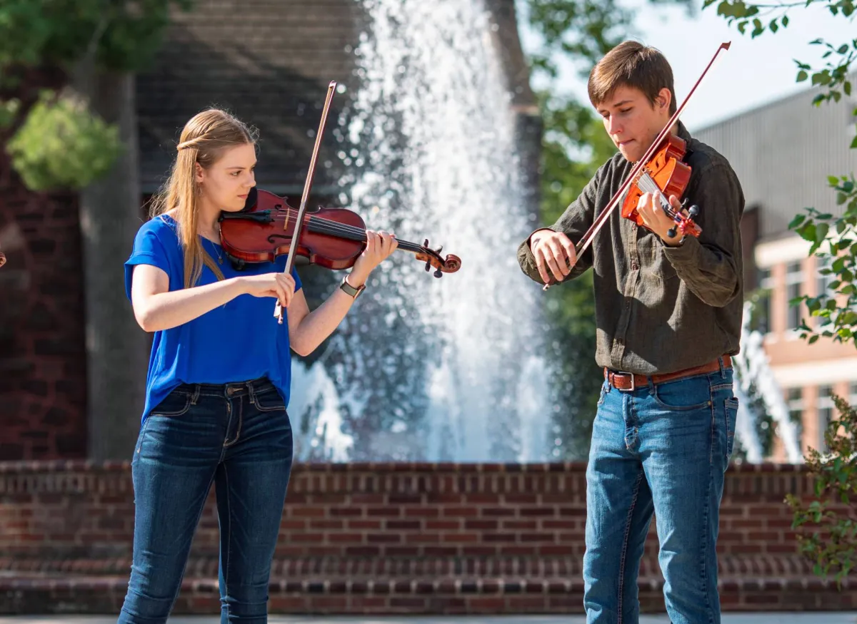 A small ensemble of string musicians performs outdoors in front of a fountain.
