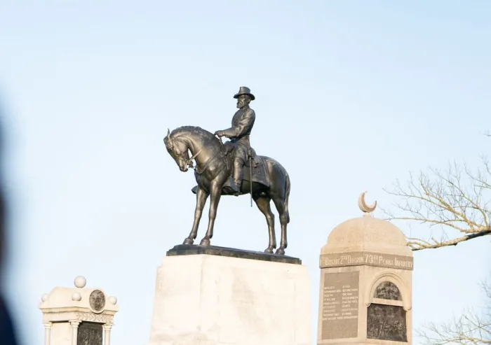 Equestrian statue and Civil War monuments at Gettysburg National Military Park.
