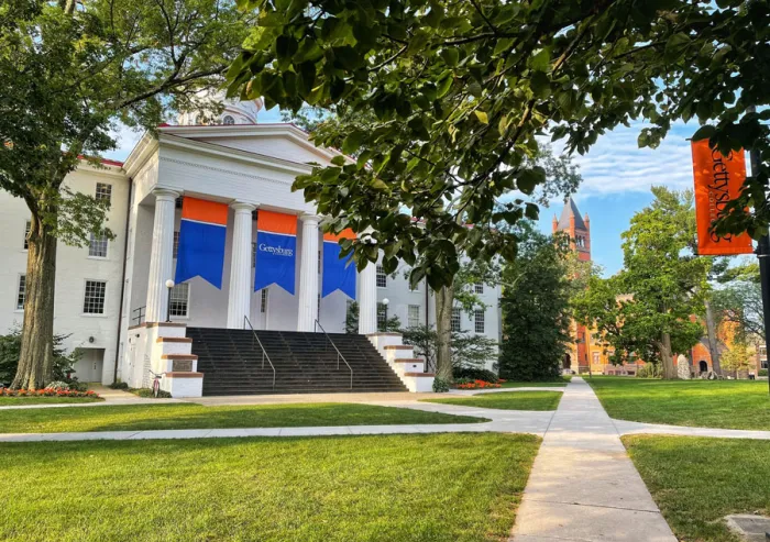 Penn Hall with colorful Gettysburg banners displayed.