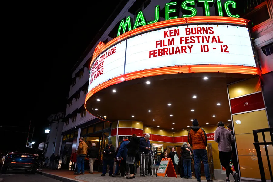 Photo of the Marquee at the Majestic Theater featuring the Ken Burns Film Festival