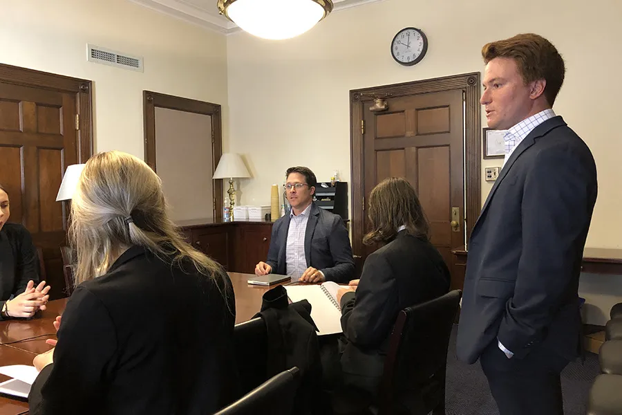Jake Ecke ’18 (standing right) connected Gettysburg students