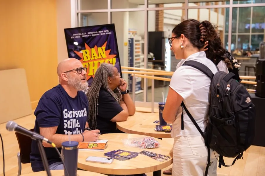 Jackson and Hodge signed copies of their new book “Ban This!” for students at the book launch event in The Junction.