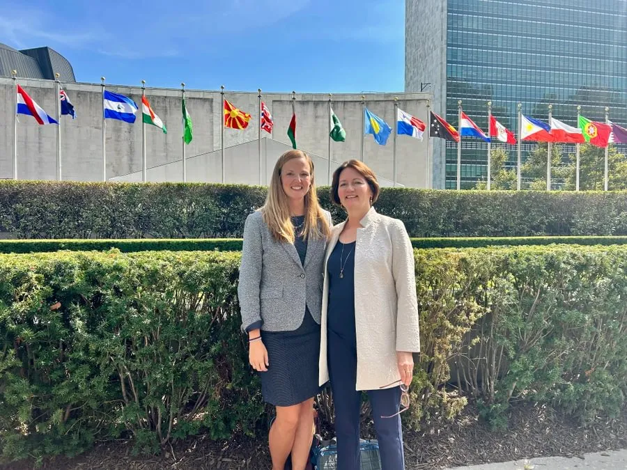 Prof. Lindsay Reid ’11 and Prof. Caroline Hartzell presented their research at the United Nations in September 2024.