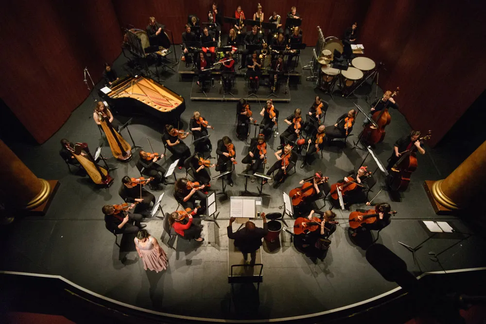 Orchestra performing onstage with a conductor.
