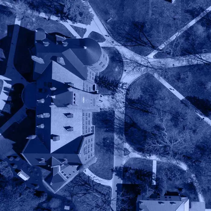An aerial view of Glatfelter Hall with a blue filter over it.