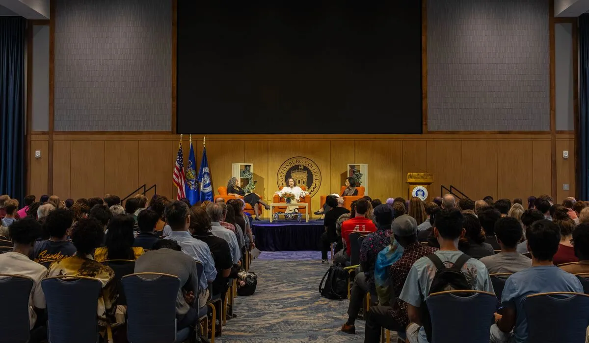 Students, faculty, and members of the local community attend the 20th anniversary Gondwe Lecture featuring filmmaker and philanthropist Abigail Disney. 