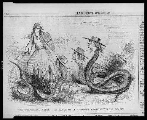 Harper’s Weekly cartoon “The Copperhead Party—In Favor of a Vigorous Prosecution of Peace!” showing Columbia, armed with a sword and shield, confronting three copperhead snakes with men’s heads