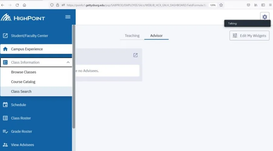 Screenshot on how to expand the menu and navigate to class search