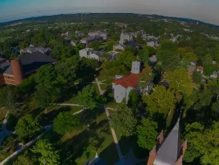 Aerial view of the Gettysburg College campus and surrounding town.