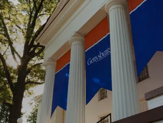 A Gettysburg College banner displayed outside Pennsylvania Hall.