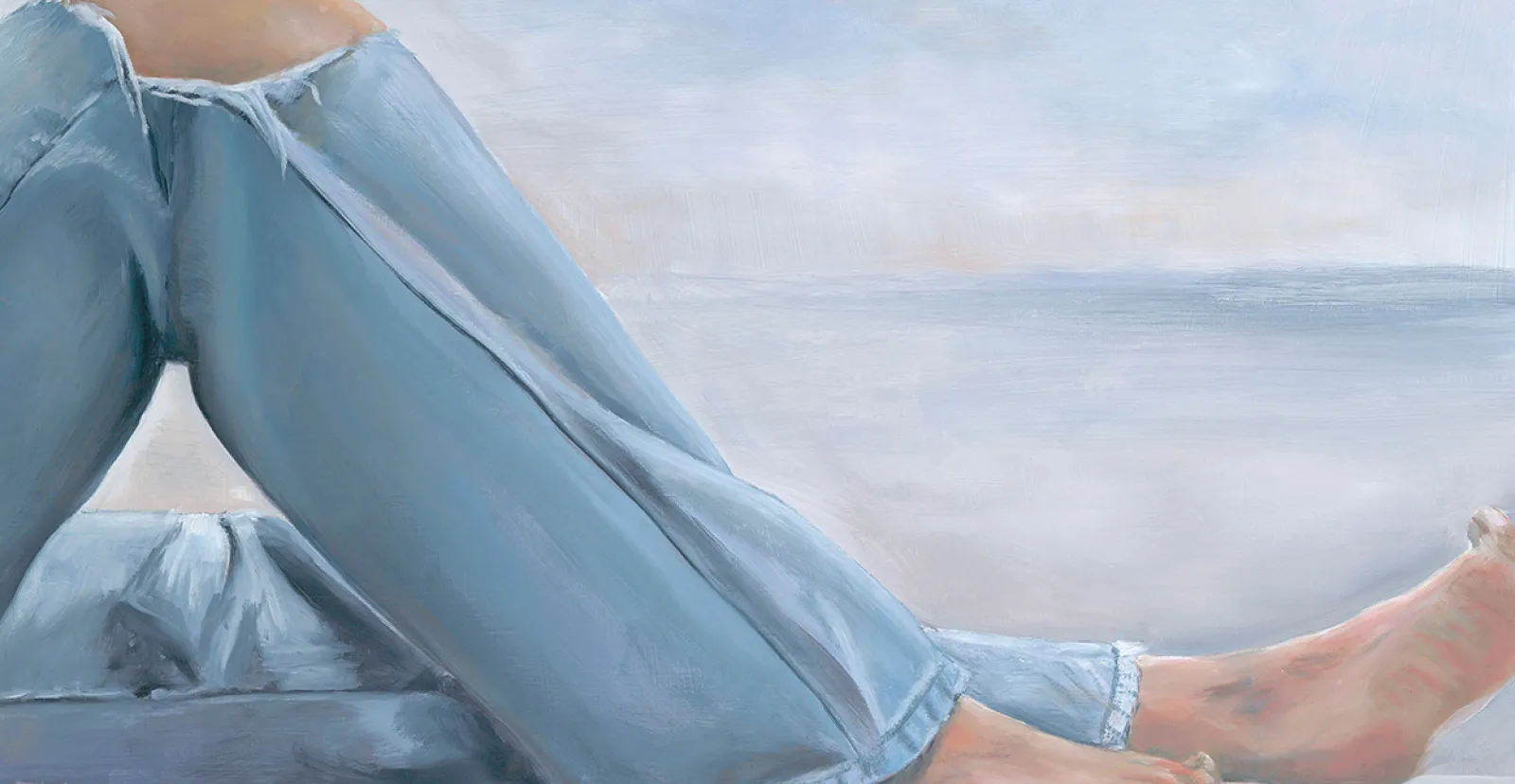 painting of ripped jeans from knees down and bare feet