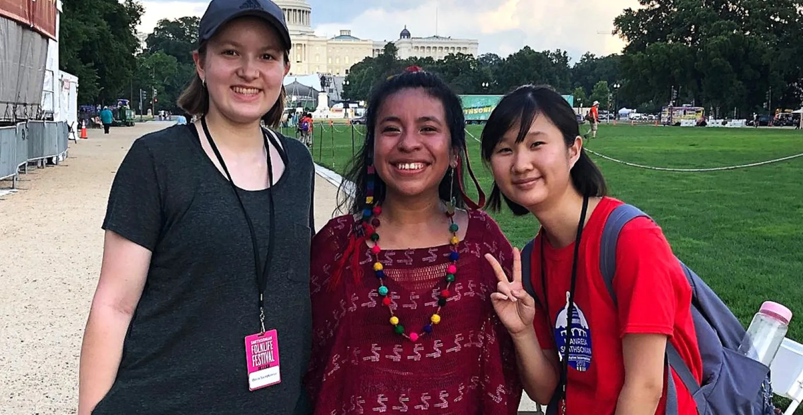 Devon Szczepkowicz ’27 (left) with Maya musician Sara Curruchich and a fellow intern 
