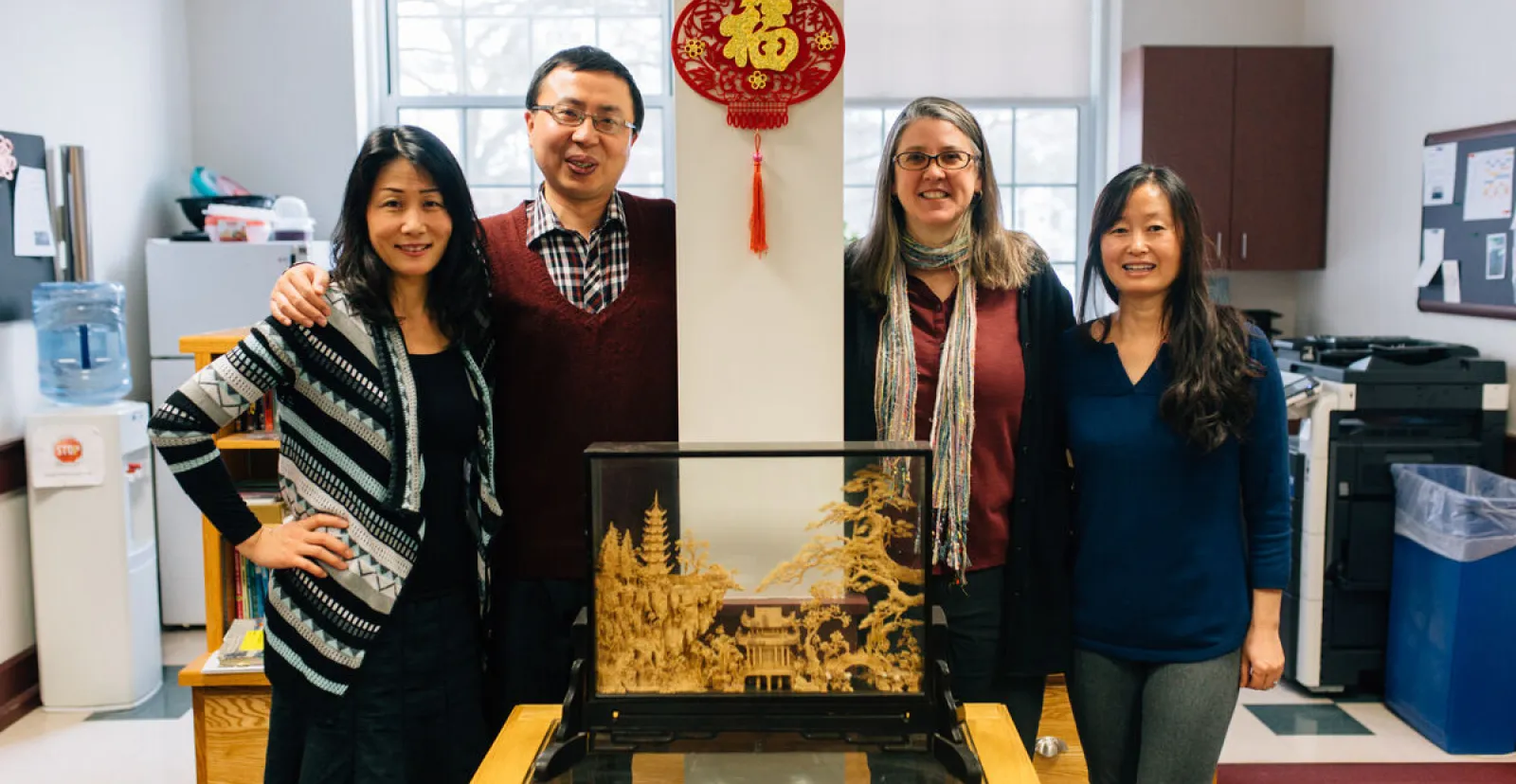 Faculty and staff of Gettysburg College’s East Asian Studies Department: Prof. Yoko Nishimura, Prof. Junjie Luo, Academic Administrative Assistant Kathy Ambrose, and Prof. Jing Li.