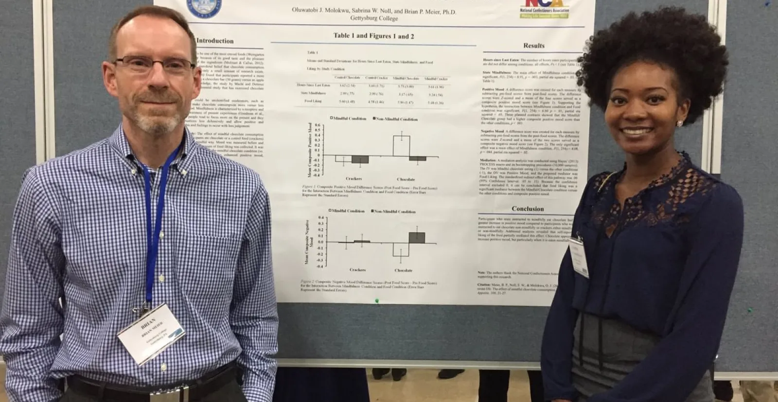 Psychology Prof. Brian Meier with Oluwatobi (Justina)  Molokwu '17 presents research on the effect of mindful chocolate consumption on mood at an NCA conference in 2017.