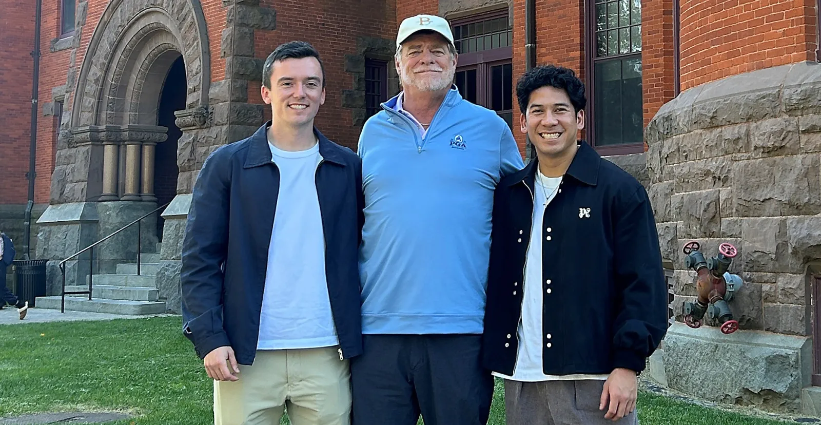 Kevin Klassen '19, Drew Murphy '84, and Kevin Benavente '20 outside Glatfelter Hall.
