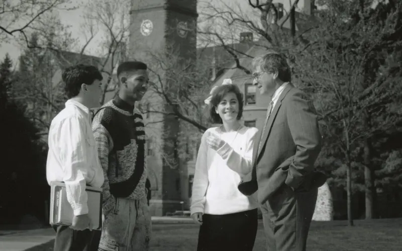 President Gordon Haaland talking with students