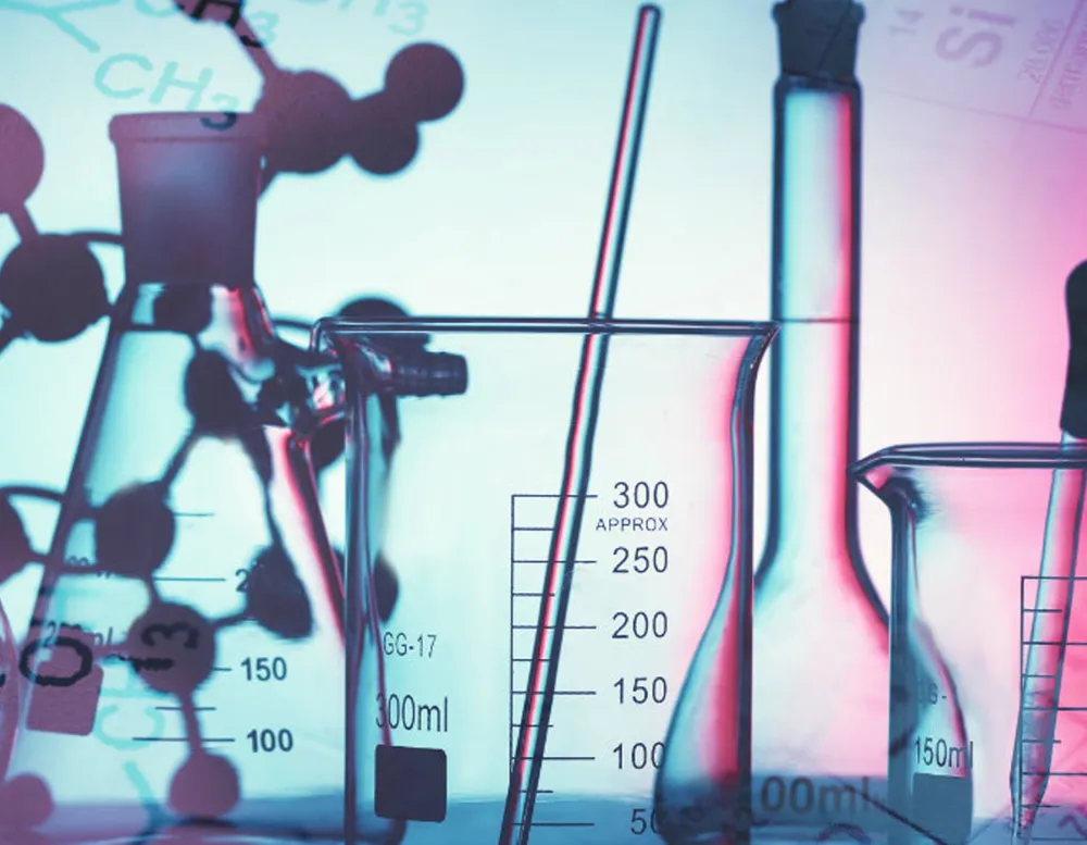 Lab equipment in cool lighting