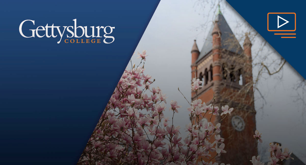 Glatfelter Hall in the Spring with the Gettysburg College wordmark